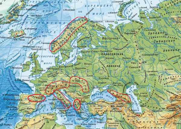 Физическая карта Зарубежной Европы – фрагмент для 4 класса