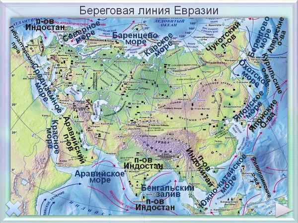 Моря и океаны Евразии, береговая линия материка