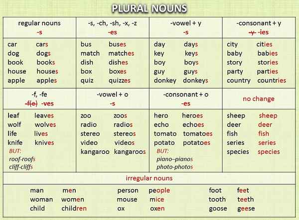 Множественное число существительных в английском языке – правила образования в таблице